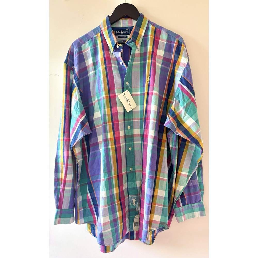 Ralph Lauren NWT Vintage Deadstock Madras Button Up Shirt Men's XL Blue Label